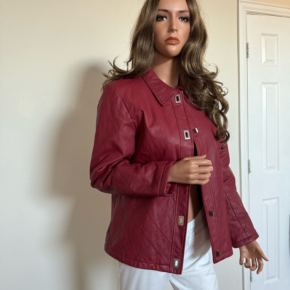 Dialogue Red Genuine Leather Stitch Women's Quilted Jacket Warm Coat Size S